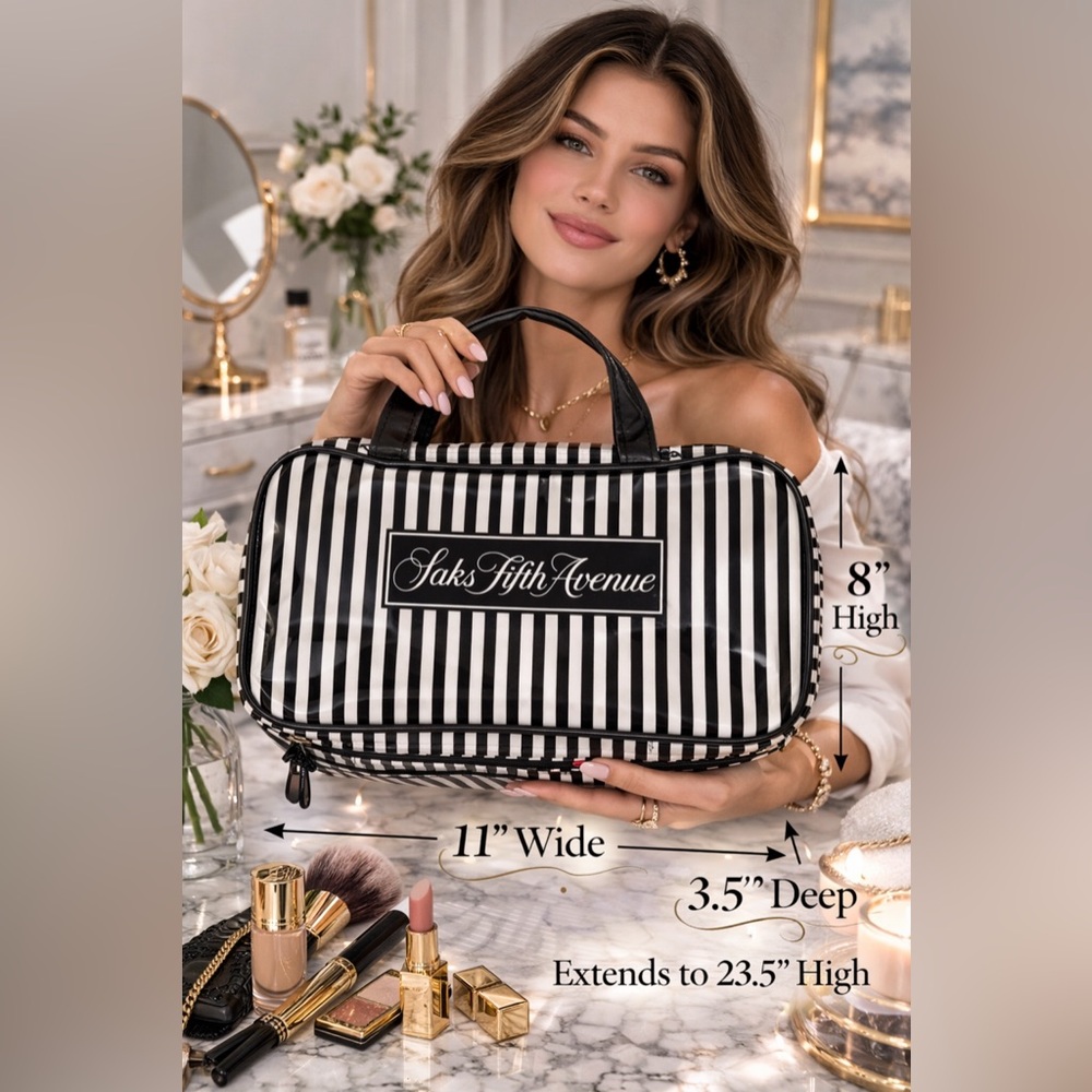 ✨ Chic, timeless, and practical — this Saks Fifth Avenue cosmetic/travel case